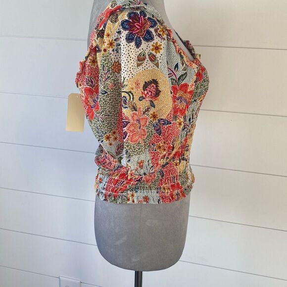 Orange and Red Puff Sleeve Smocked Blouse - Picture 5 of 8